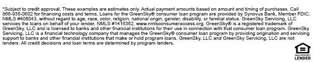 GreenSky® and GreenSky Patient Solutions® are loan program names for certain consumer credit plans extended by participating lenders to borrowers for the purchase of goods and/or services from participating merchants/providers. Participating lenders are federally insured, federal and state chartered financial institutions providing credit without regard to age, race, color, religion, national origin, gender or familial status. GreenSky® and GreenSky Patient Solutions® are registered trademarks of GreenSky, LLC. GreenSky Servicing, LLC services the loans on behalf of participating lenders. NMLS #1416362. GreenSky, LLC and GreenSky Servicing, LLC are subsidiaries of Goldman Sachs Bank USA. Loans originated by Goldman Sachs are issued by Goldman Sachs Bank USA, Salt Lake City Branch.